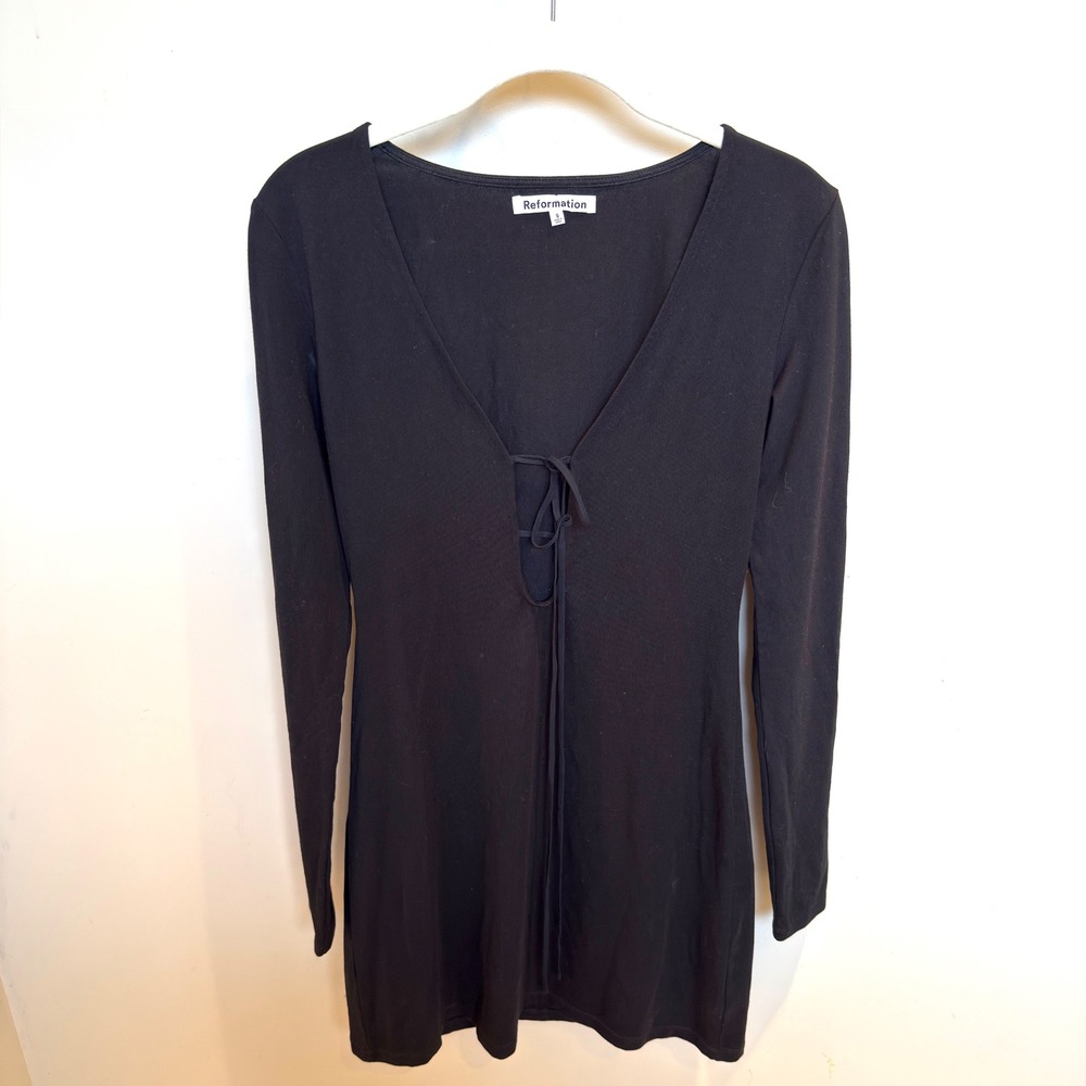 Reformation Black Long Sleeve Tie Neck Mini Dress Size‎ S
